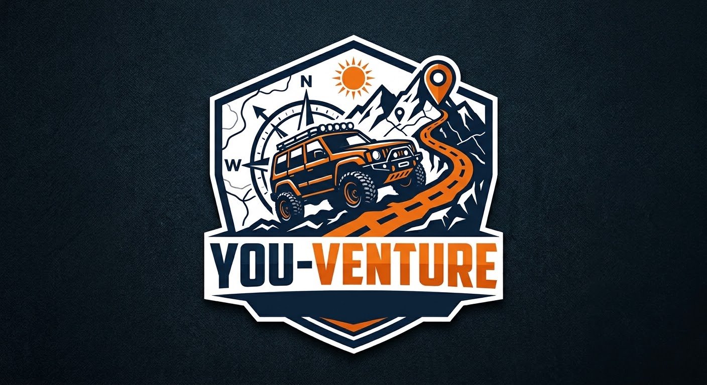 You-Venture badge — shield with an orange 4x4, compass, sun, mountains, and a trail leading to a location pin, over the YOU-VENTURE wordmark.